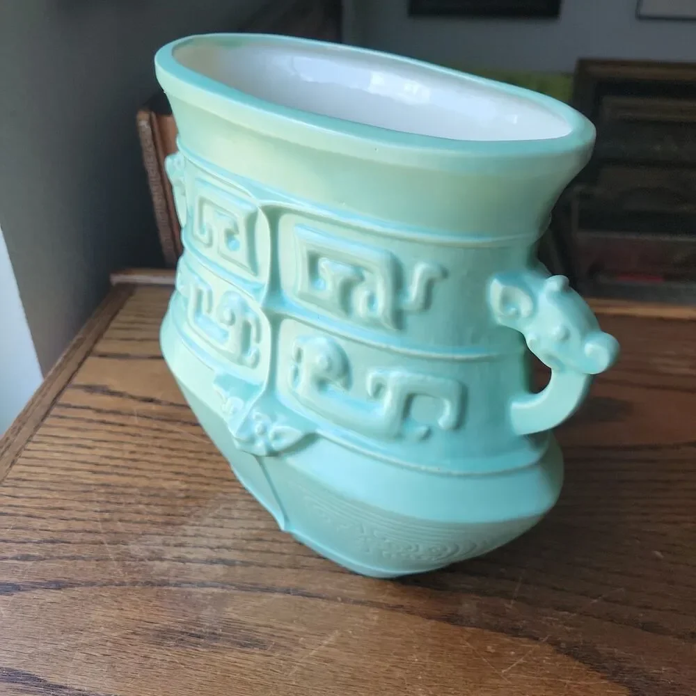 Vtg Studio Art Pottery Urn Vase Dragon Handled Mayan Motif Signed Meryl RARE MCM
